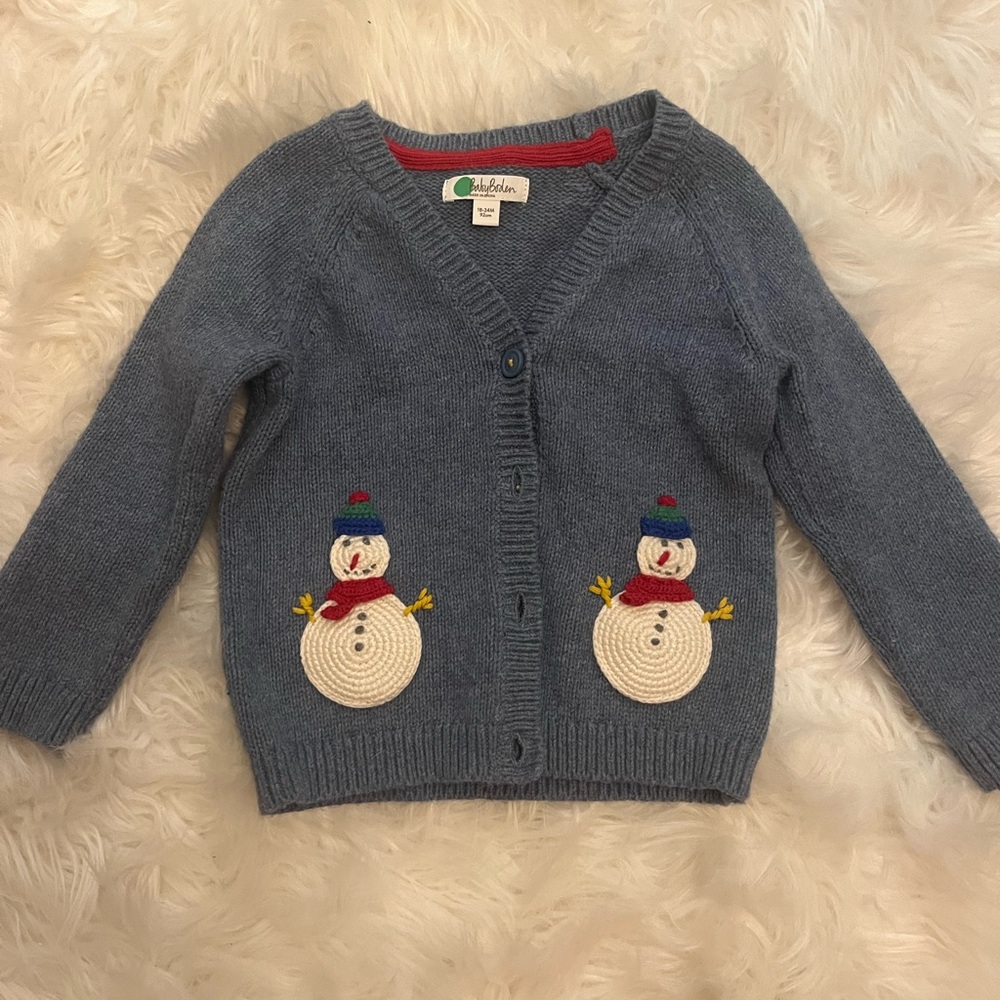 Baby Boden Blue Snowman Cardigan